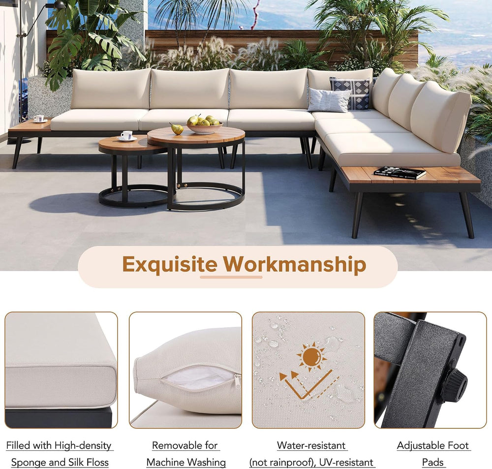 Modern Outdoor Sectional Sofa Set with Round Nesting Coffee Tables (Beige)