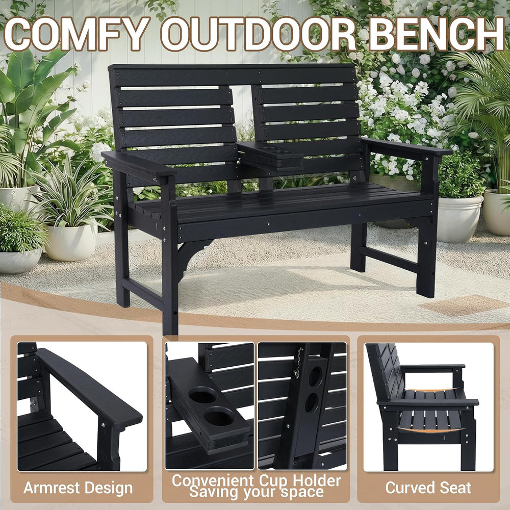 Outdoor Bench with Cup Holders, HDPE 2-Person Weatherproof Patio Benches, Fad...