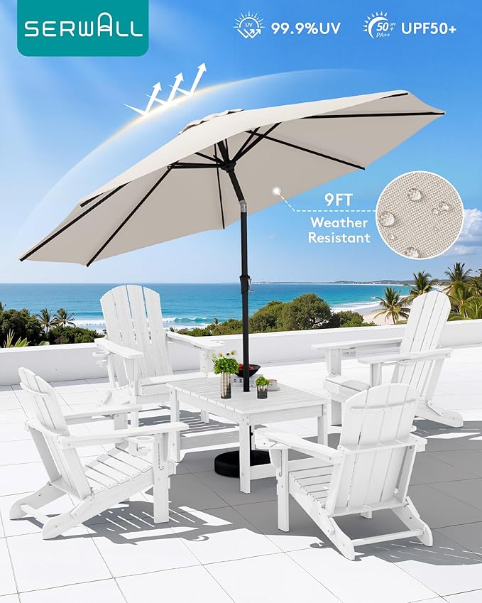 SERWALL Outdoor Coffee Table with 9FT Umbrella, HDPE Patio Coffee Table for O...