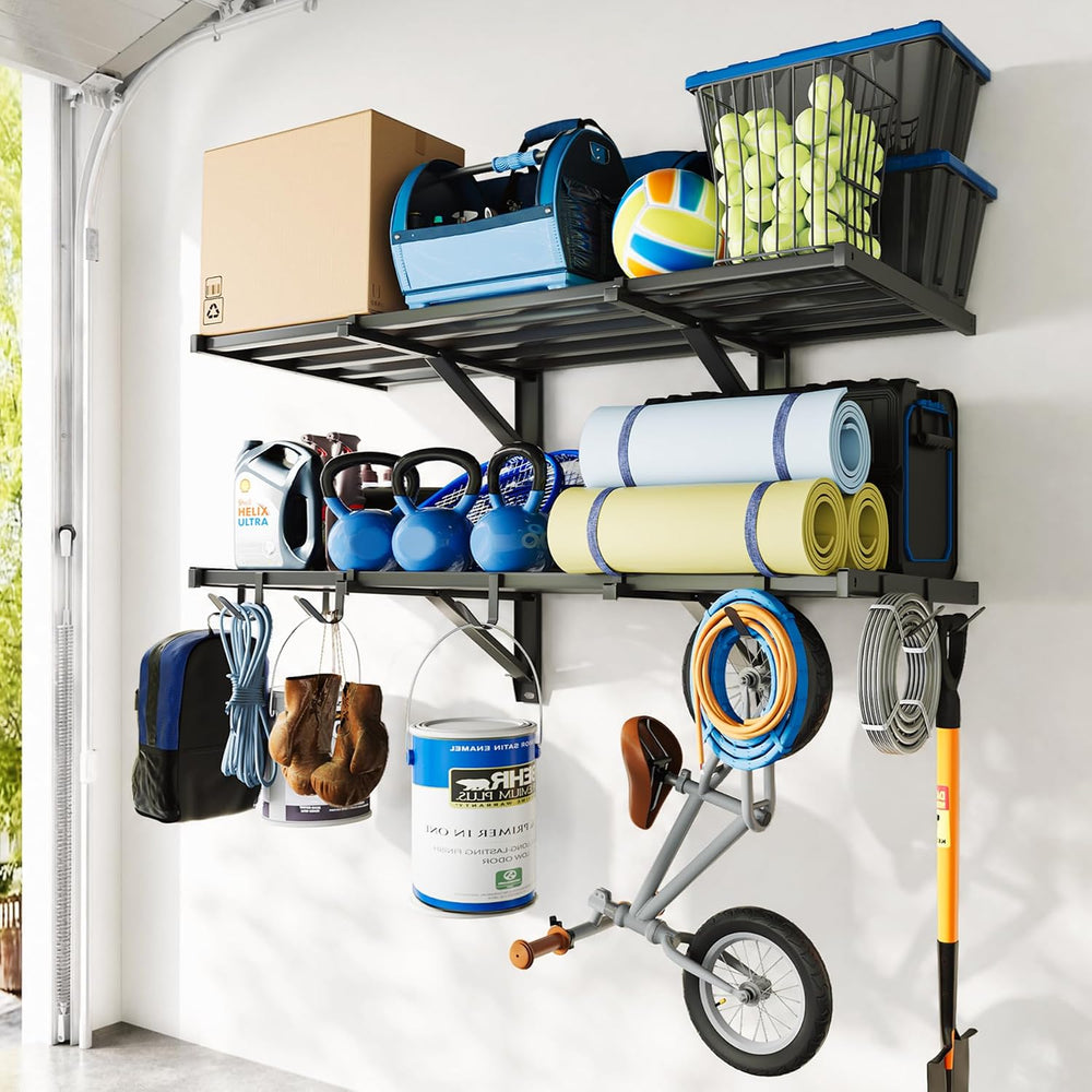FLEXIMOUNTS 2-Pack 2x4ft Garage Shelving Wall Mounted, 8 Hooks, 400lbs