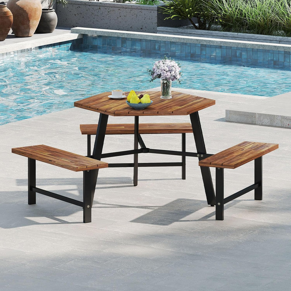 GIANTEX Picnic Table Bench Set for 6, Acacia Wood Outdoor Dining Table Set wi...