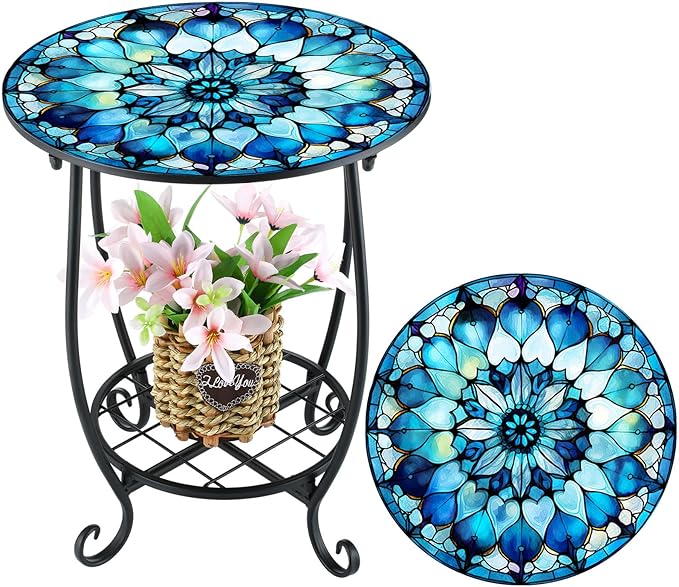 Outdoor Side Table Round Small Mosaic Patio Accent Indoor End Plant Coffee Te...