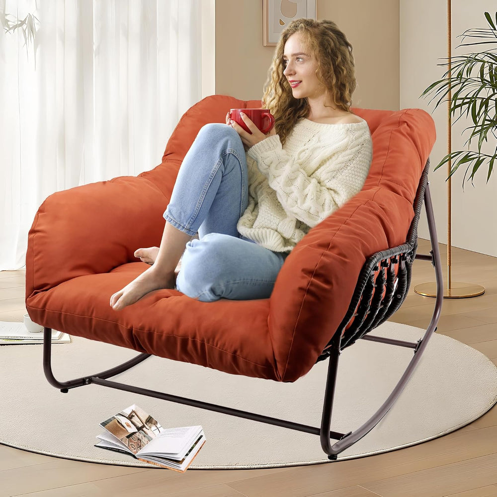 Outdoor Papasan Rocking Chair, Oversized Patio Rocking Chairs with Padded Cus...