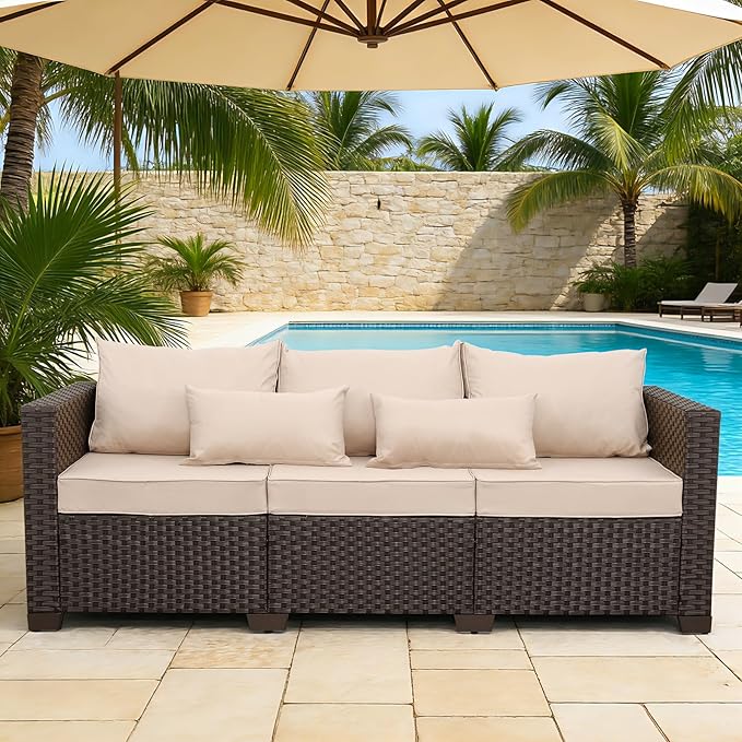 Outdoor Furniture Couch 3 Seater Sofa Outdoor Brown Wicker Sofa Deep Seat Hig...
