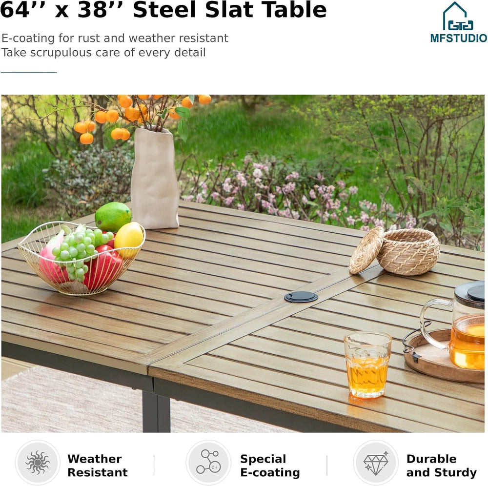 MFSTUDIO Patio Dining Set for 6 w/Wood-Grain Metal Table & Swivel Chairs