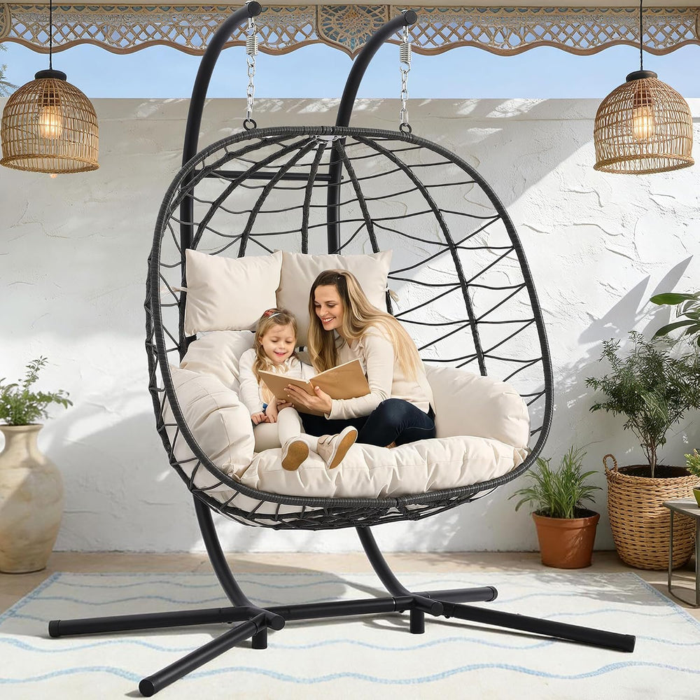 Double Egg Chair with Stand, Outdoor Hanging Swing Hammock Chair