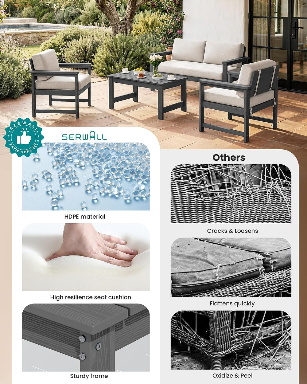 SERWALL 2 Pieces HDPE Cushioned Single Adirondack Armchair Sofa Set