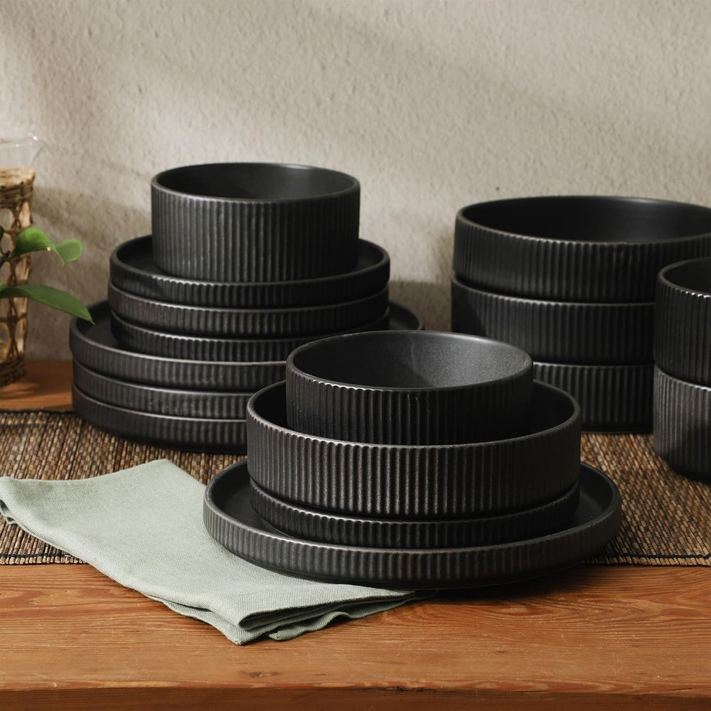 Gibson Elite Deerfield 16-Piece Stoneware Dinnerware Set – Matte Black Reacti...