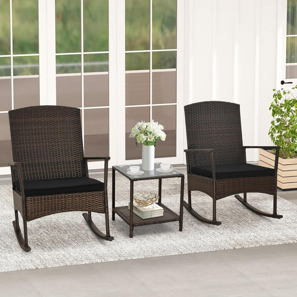 ORALNER 3 Pieces Patio Rocking Chair, Wicker Bistro Set w/Cushions (Black)