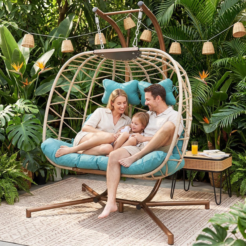 RADIATA Double Egg Swing Chair with Stand and Cover, Outdoor 2 Person, Teal