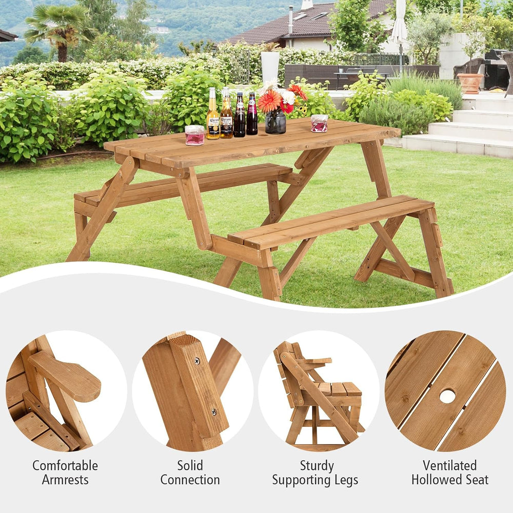 GYMAX Picnic Table, 2 in 1 Convertible Picnic Bench Table Set, Transforming I...