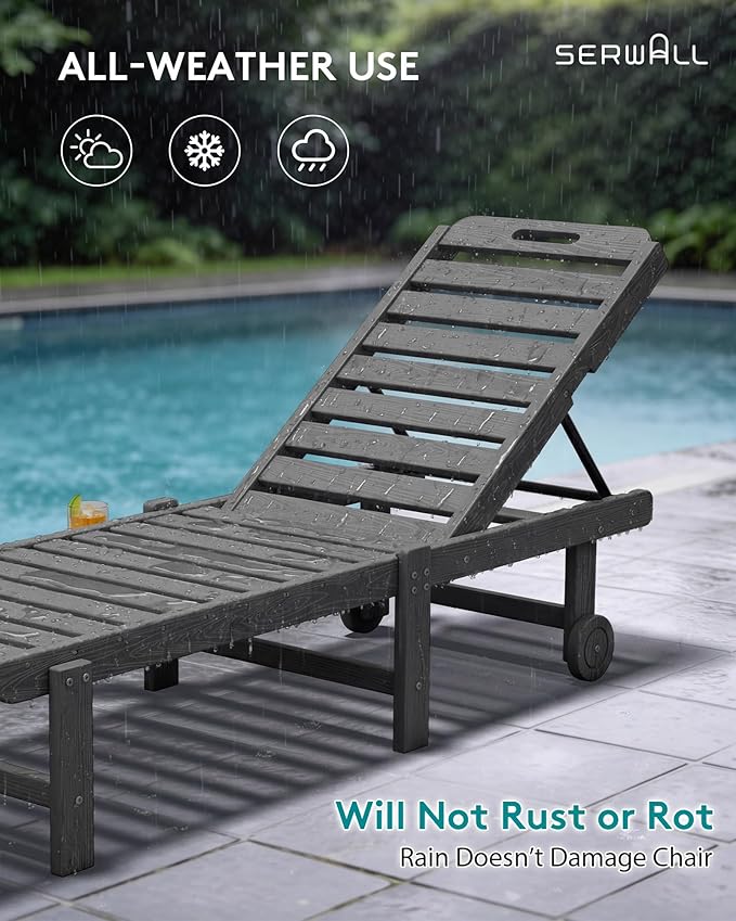SERWALL Outdoor Chaise Lounge Chair, HDPE Patio Lounge Chair with Cup Holder,...