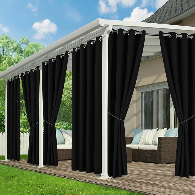 Black Outdoor Curtains for Patio Waterproof - 6 Panels Privacy Weatherproof O...