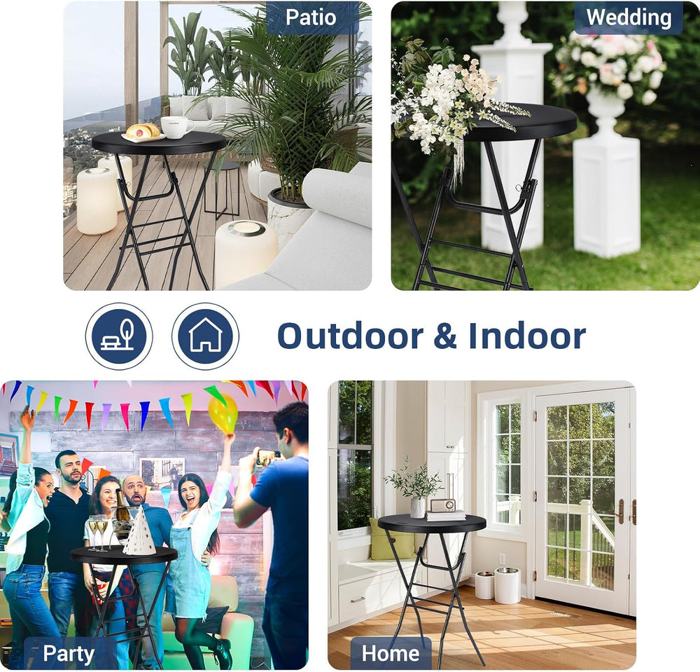 Byliable 28in Folding Cocktail Table, Round Bar Height Table, Black 2-Pack