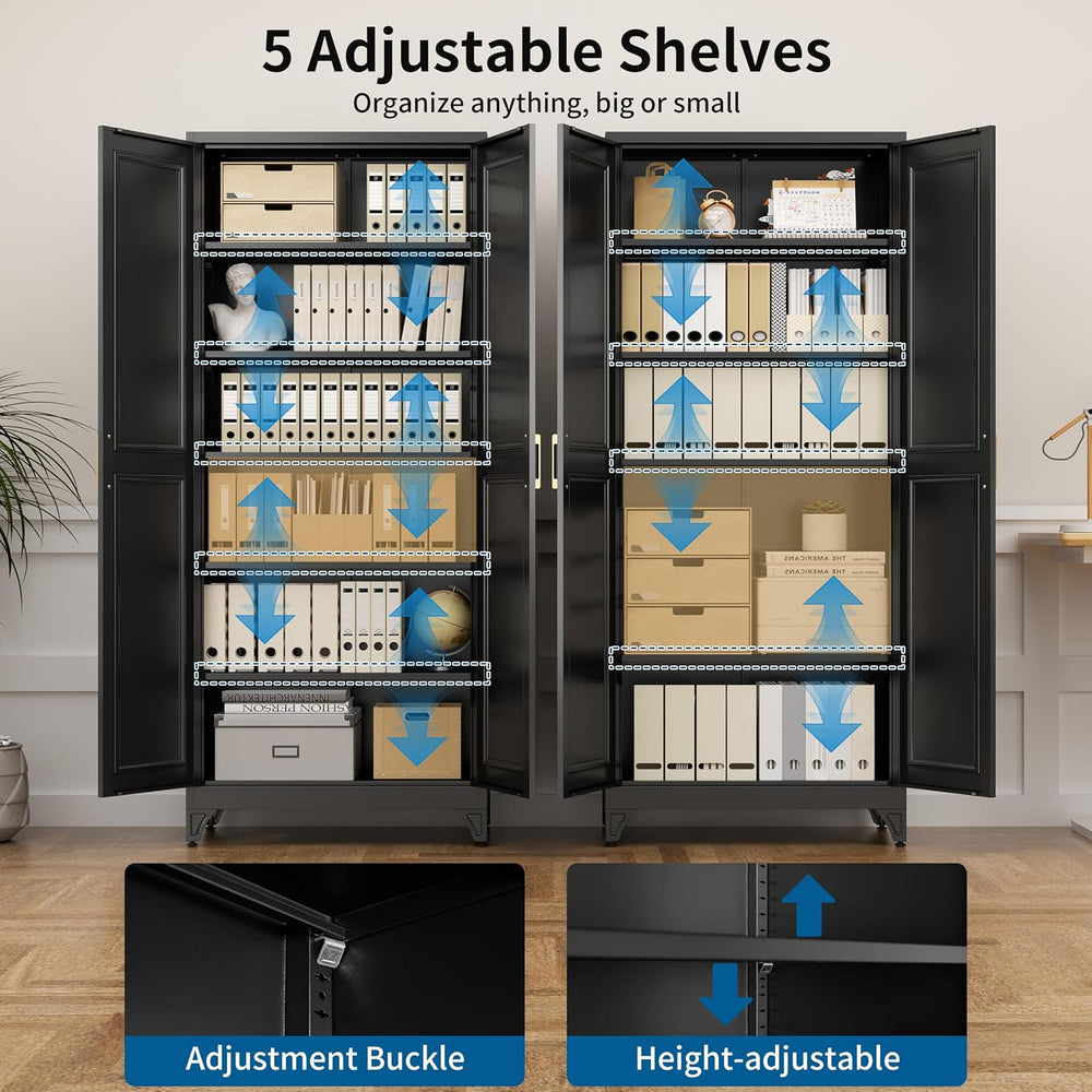 75" Black Metal Storage Cabinet with Doors, Heavy Duty