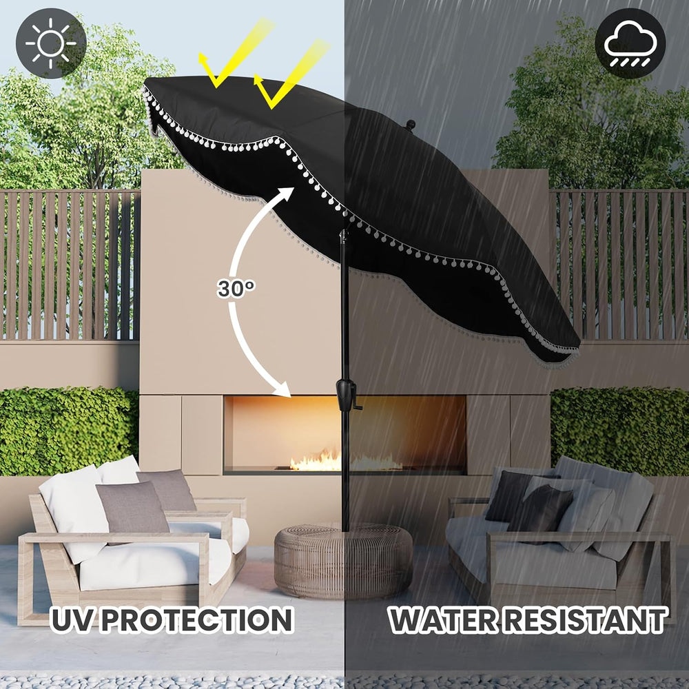 9' Patio Umbrella with Black Canopy and White Fringe Accents, Black Frame...