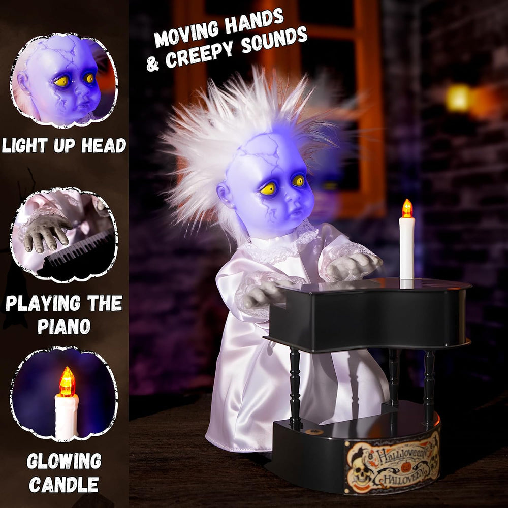 Halloween Animatronics Decorations, 13.7'' Creepy Doll with Piano, An...
