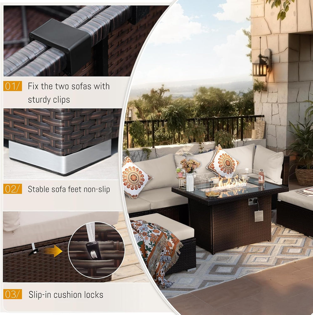 BULEXYARD 9 Piece Outdoor Patio Set with Fire Pit, Brown & Beige