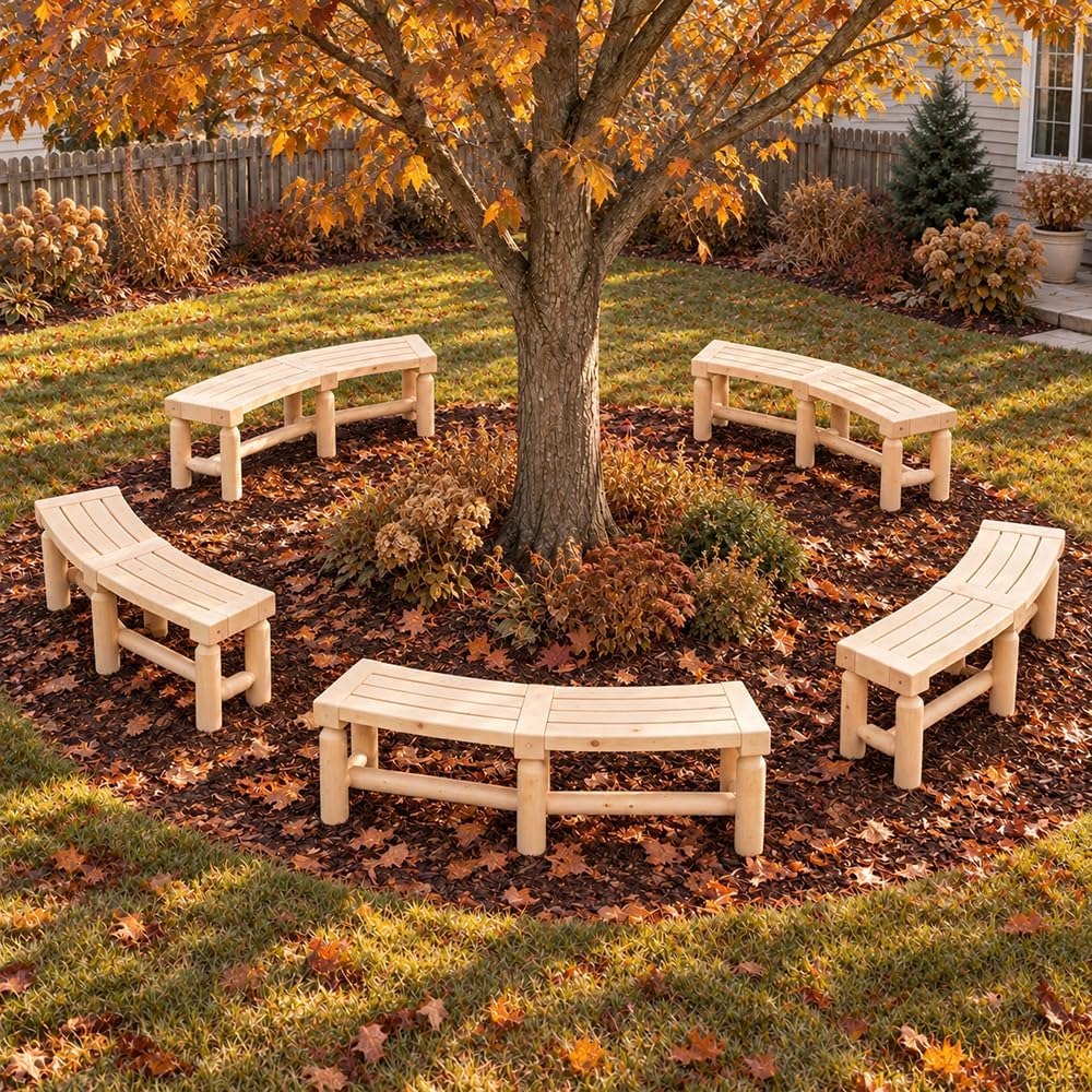 2-Pack Outdoor Curved Backless Porch Bench, Wood Fire Pit Bench, Natural