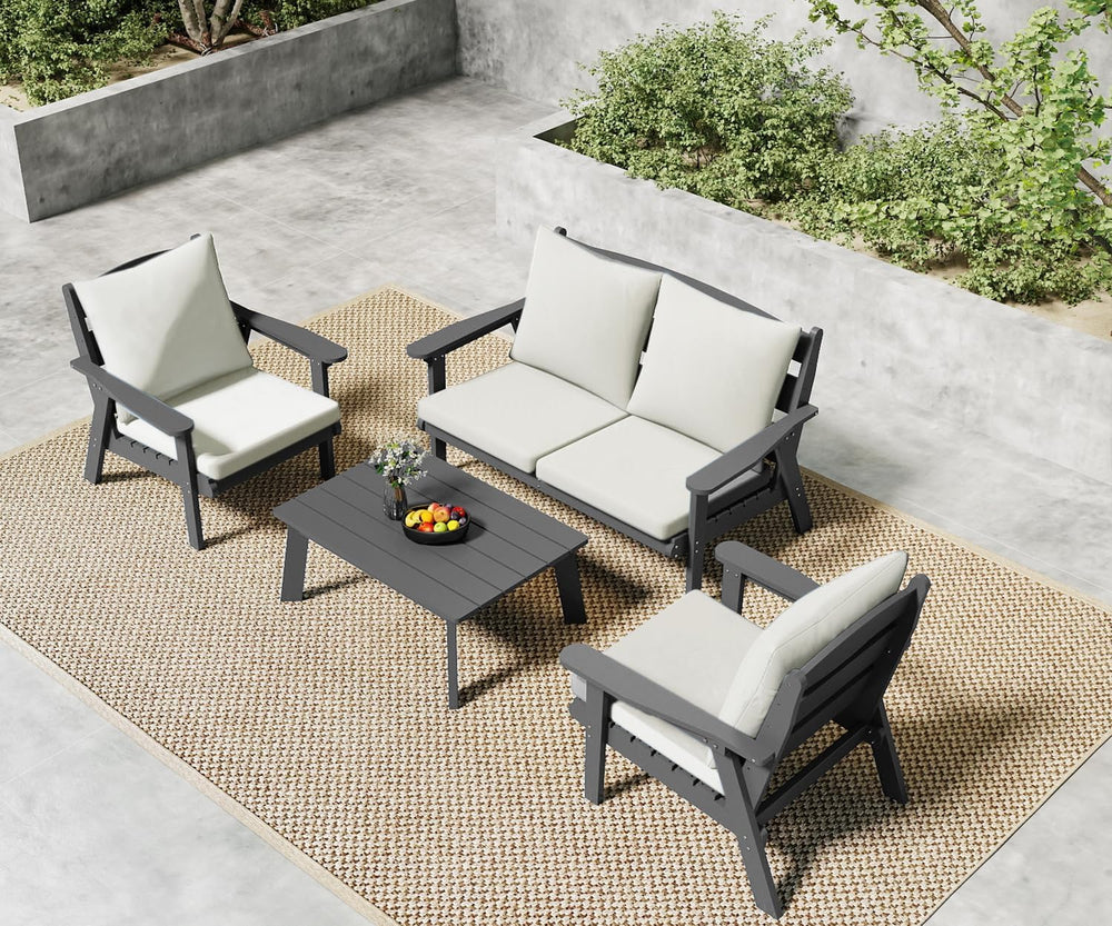 FOOWIN 4-Piece Patio Furniture Set, HDPE All-Weather Outdoor Conversation Set...