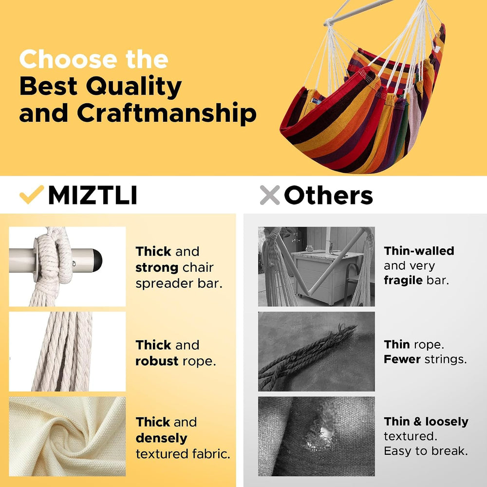 MIZTLI Hammock Chair Swing Indoor Outdoor 500 Lbs, Steel Bar & Anti-Slip