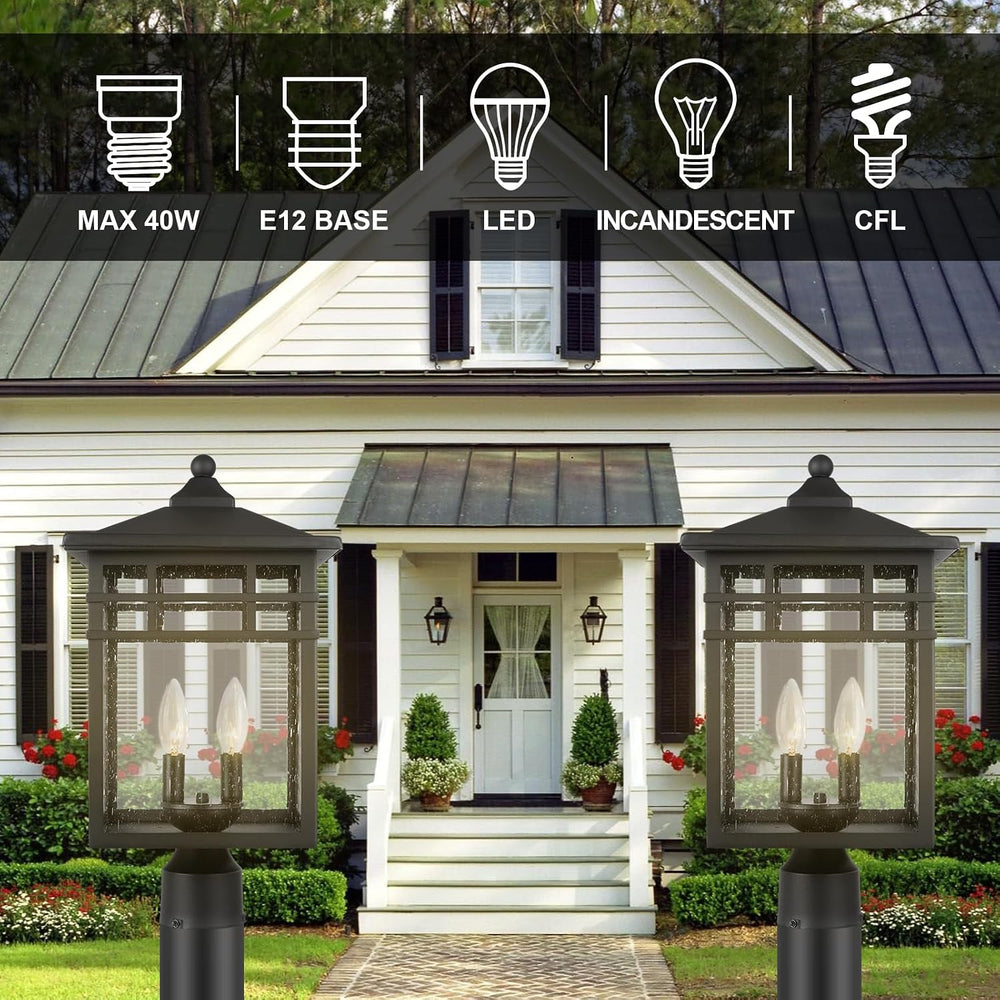 Outdoor Post Light Fixture, 2-Light Large Exterior Pillar Lantern with Black ...