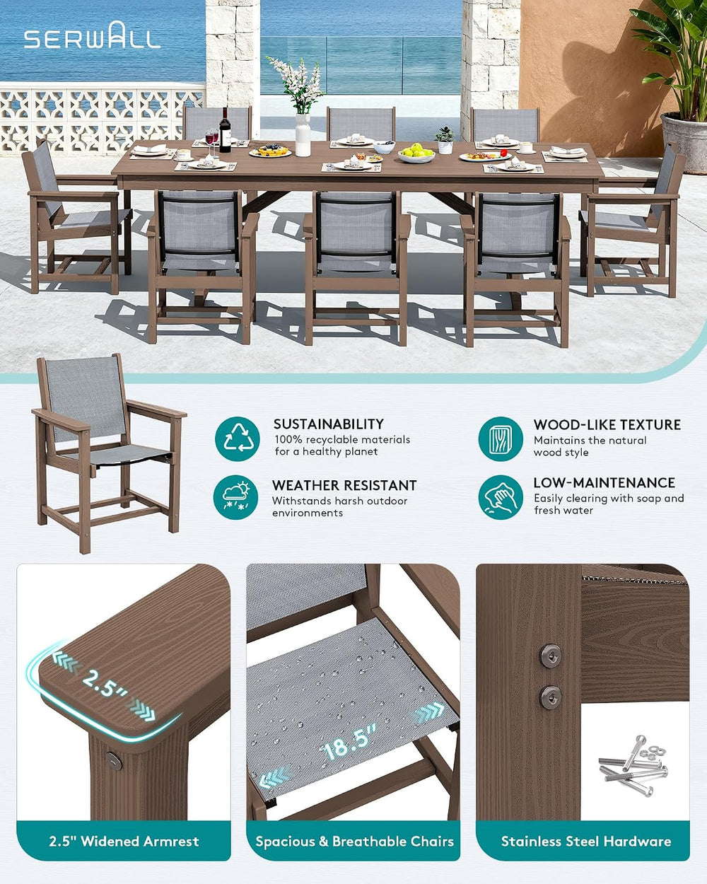 SERWALL 9Pcs HDPE Outdoor Dining Set for 8 with Sling Chairs, Brown