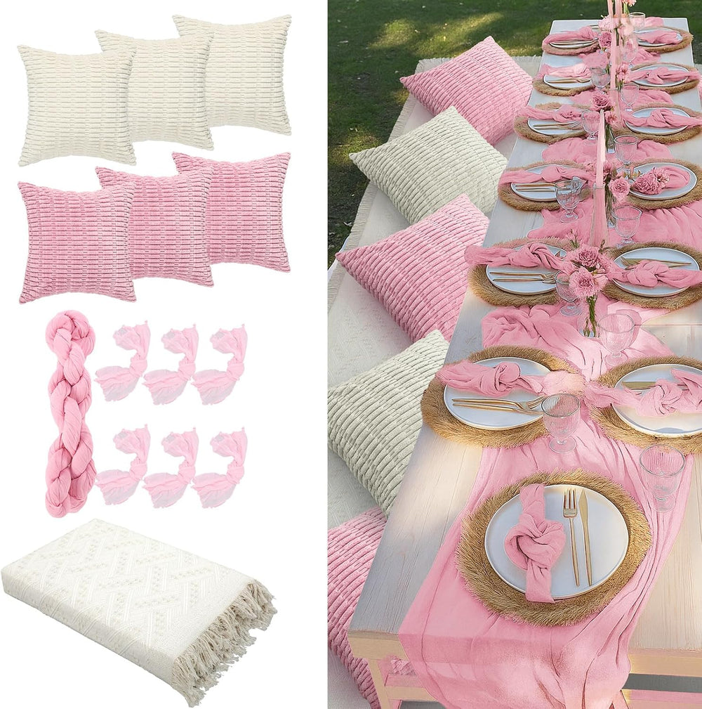 28 Pack Extra Large Pink Picnic Blanket Kit 91x71'' Outdoor Boho Pink...