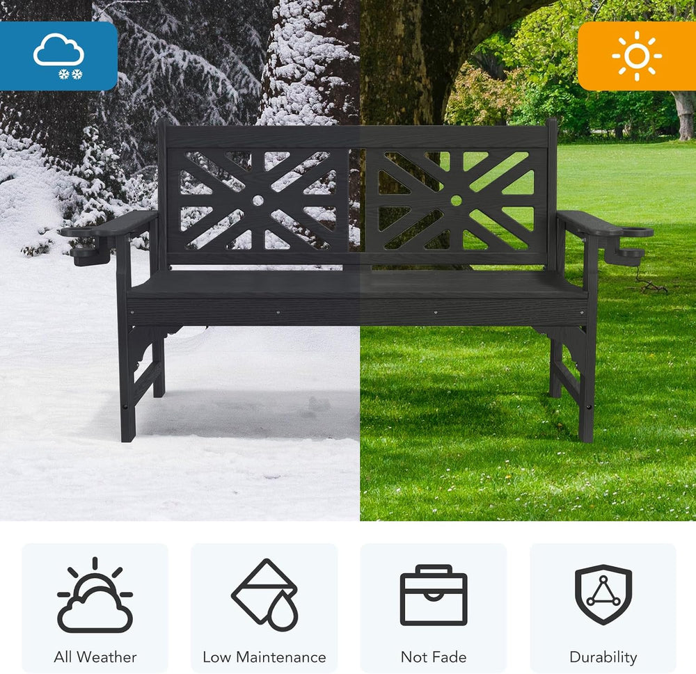 Oversized Outdoor Bench Set of 2, 51.5” HDPE Aesthetic Garden Bench with Cup ...
