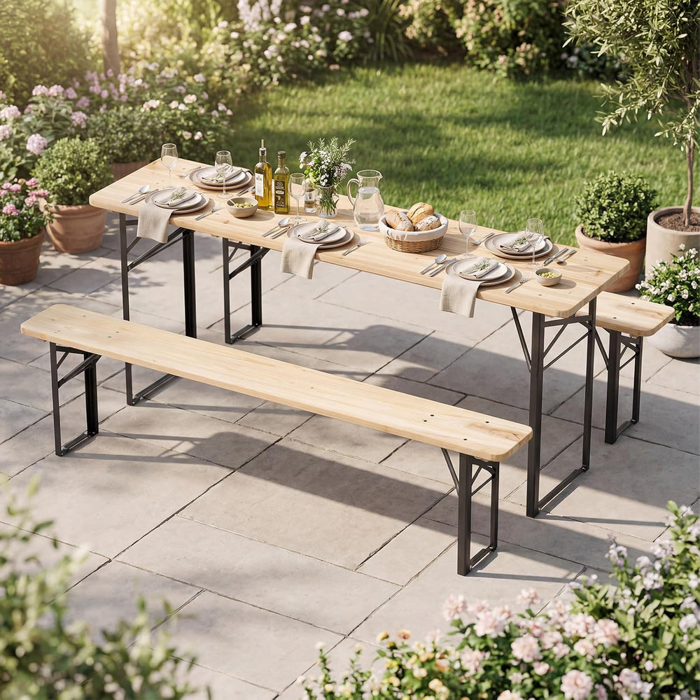 COSTWAY Folding Wood Picnic Table with Benches Set for 4-6 People