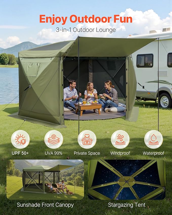VEVOR Pop up Gazebo Screen Tent, 10 x 10 ft Large 6-Sided Camping Canopy Tent...