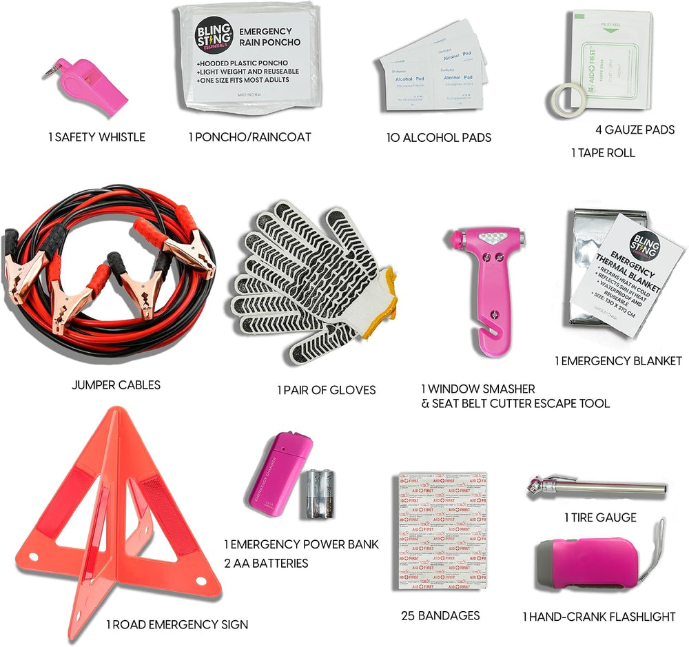 Supercharged Car Emergency Kit – 52-Piece Pink Roadside Safety Tools with Jum...