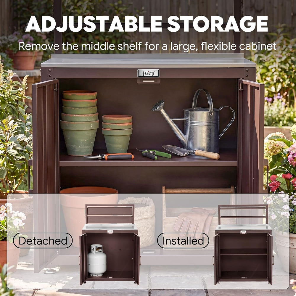 Feasto Outdoor Potting Bench Table with Storage Cabinet, Brown