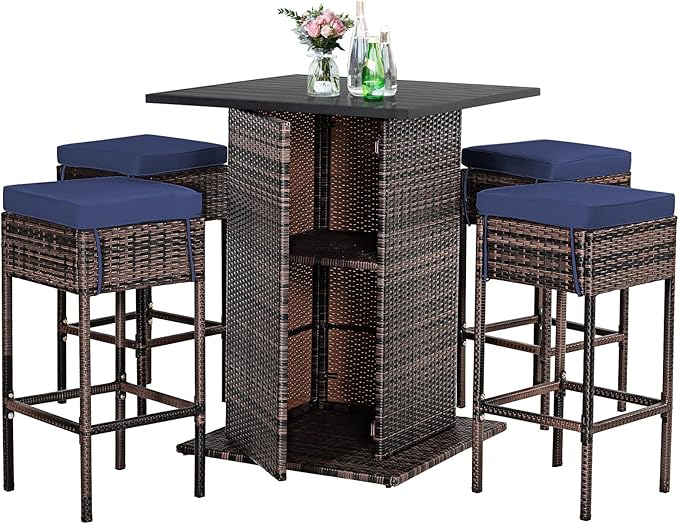 Tangkula 5 Piece Outdoor Rattan Bar Set, Patio Bar Furniture with 4 Cushions ...