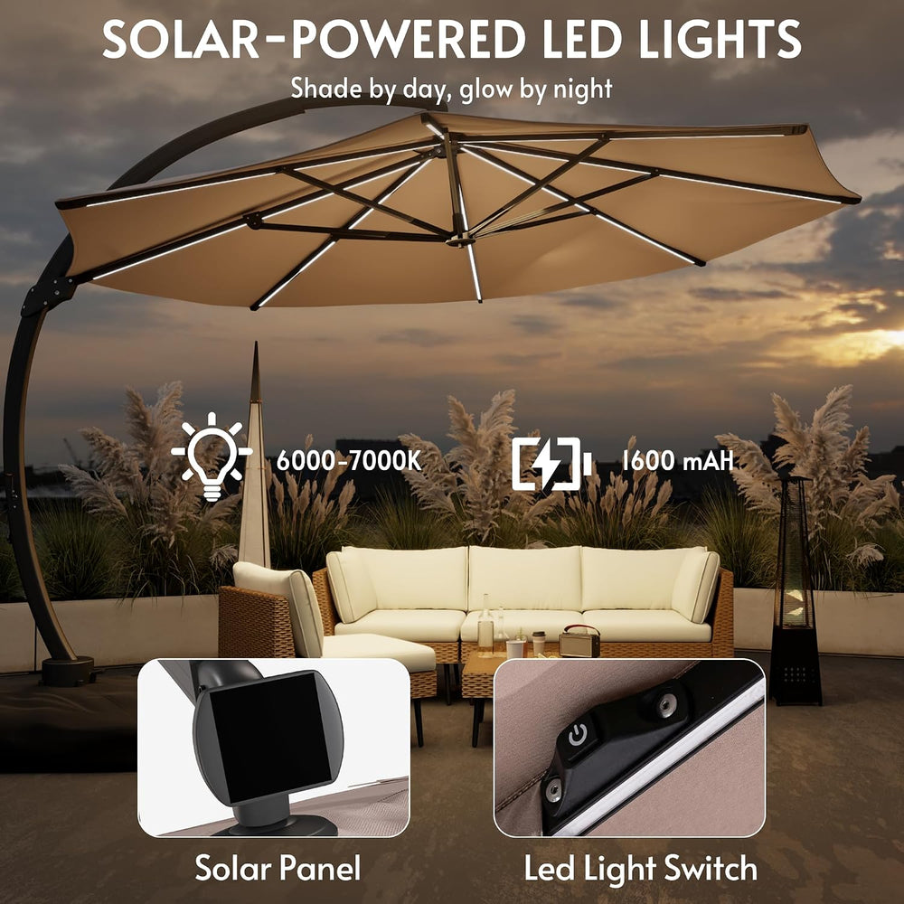 11FT Solar Powered LED Light Cantilever Patio Umbrella with Base Included, La...