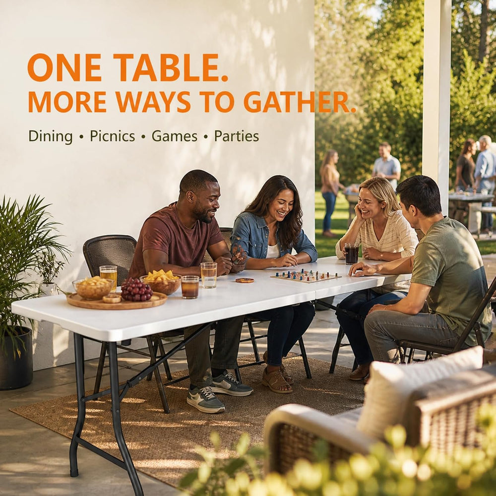 Folding Table, 6FT Portable Fold-in-Half Plastic Picnic Table, Heavy Duty Fol...