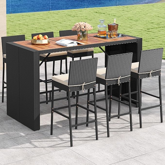 Tangkula 7 Piece Patio Wicker Bar Set, Patiojoy Outdoor Acacia Wood Bar Heigh...