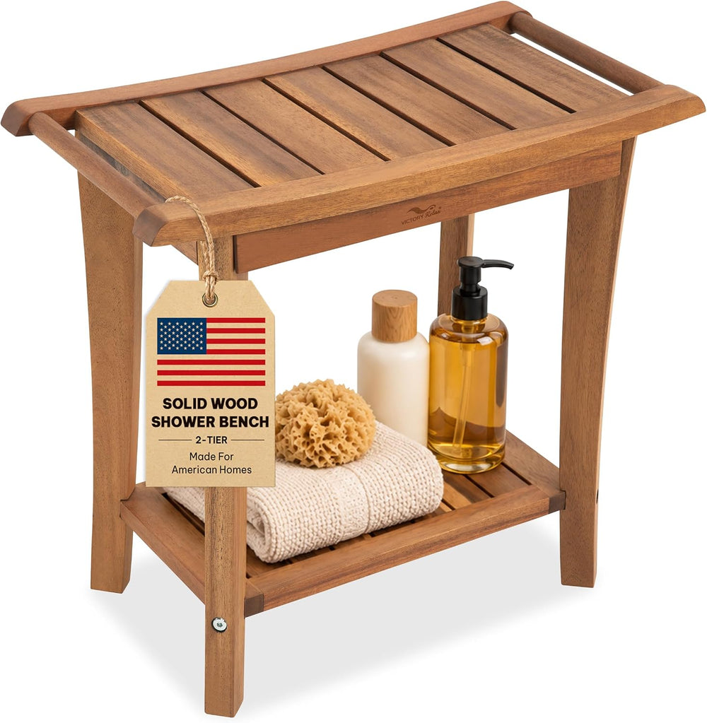 Solid Wood Shower Bench, Shower Stool Chair, Waterproof Non-Slip, Honey Oak
