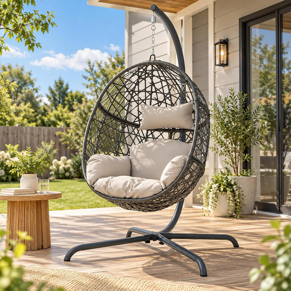 RADIATA Hanging Egg Chair with Stand, Outdoor Patio Swing Chair, Beige