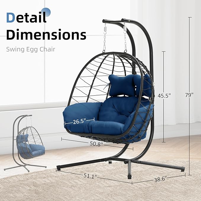 Double Egg Chair with Stand Hammock Swing Chair Foldable Hanging Loveseat, UV...