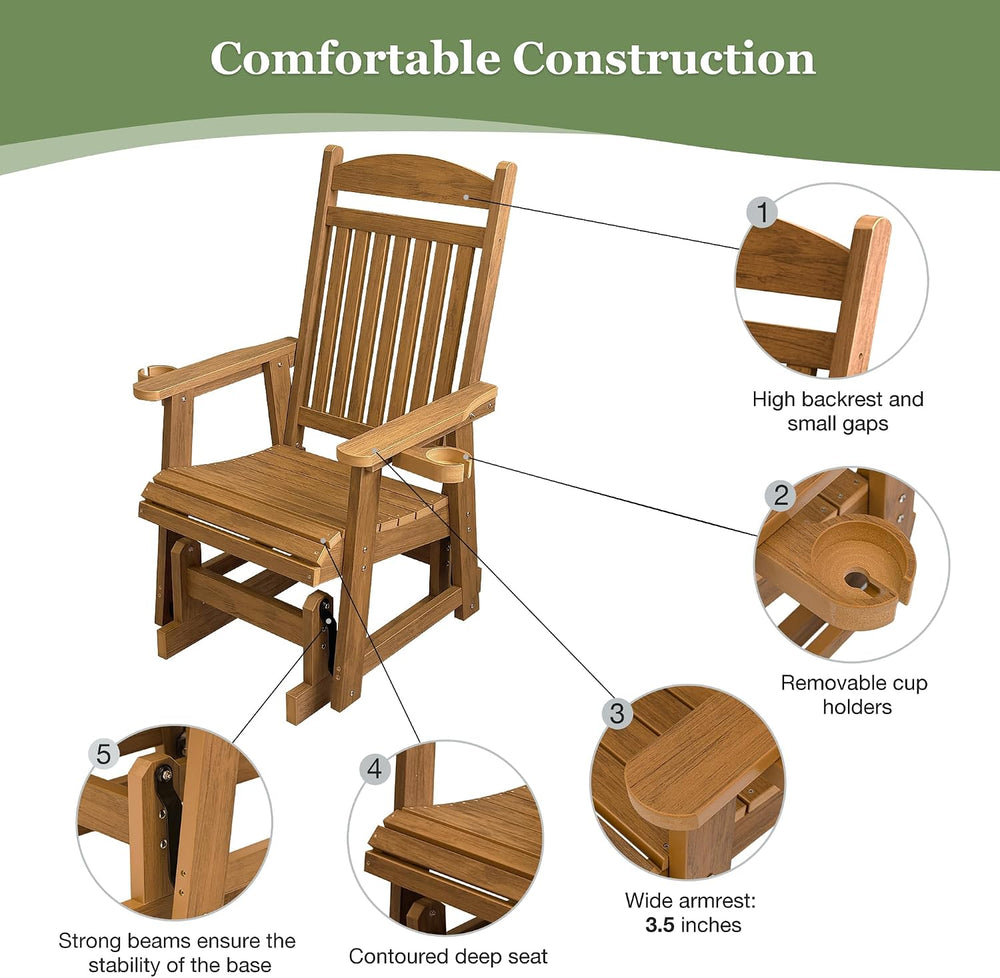Poly Lumber Patio Glider for One Person, with Cup Holders, High Backrest and ...