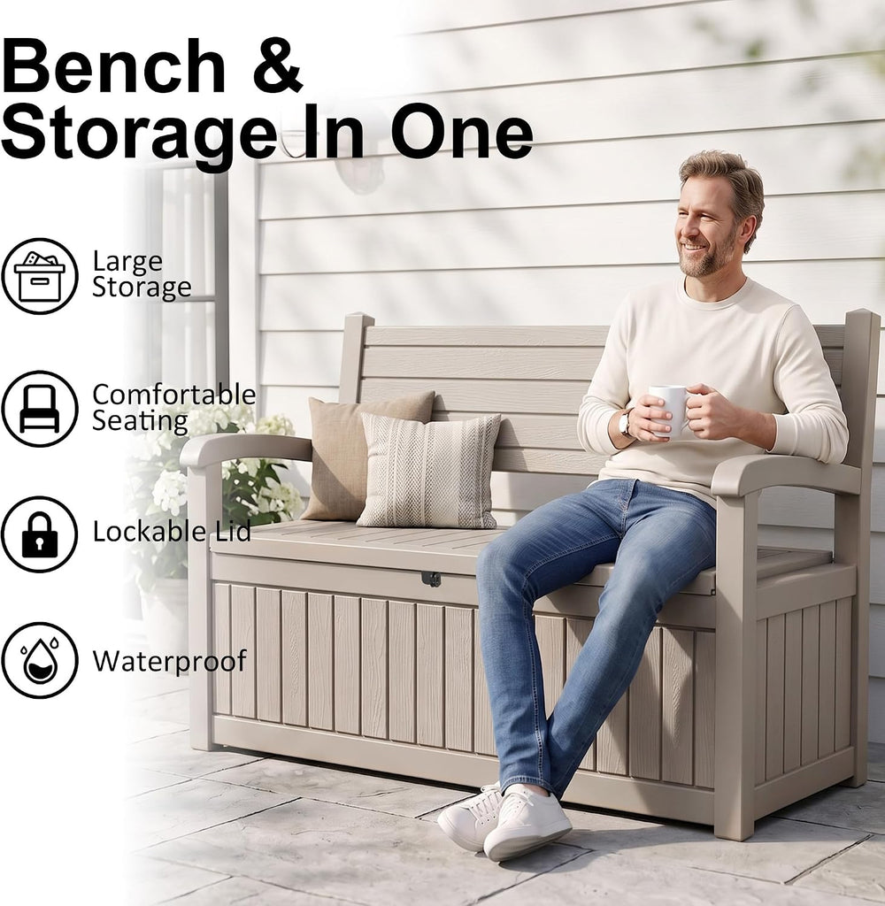 100 Gallon Outdoor Storage Bench,Waterproof Resin Deck Box with Seat Grey