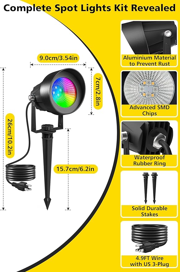 T-SUN Spot Lights Outdoor Waterproof IP65 with US Plug, 270° Adjustable, App ...