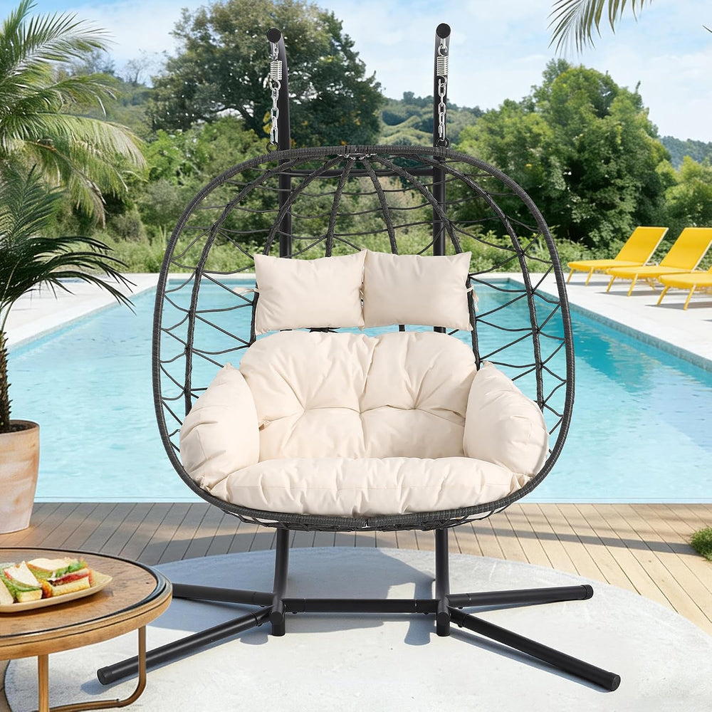 Double Egg Chair with Stand, 650 LBS Capacity, Beige