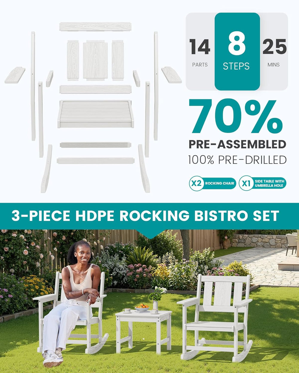 SERWALL 3-Piece Patio Furniture Set with 2 Rocking Chairs & Table, White