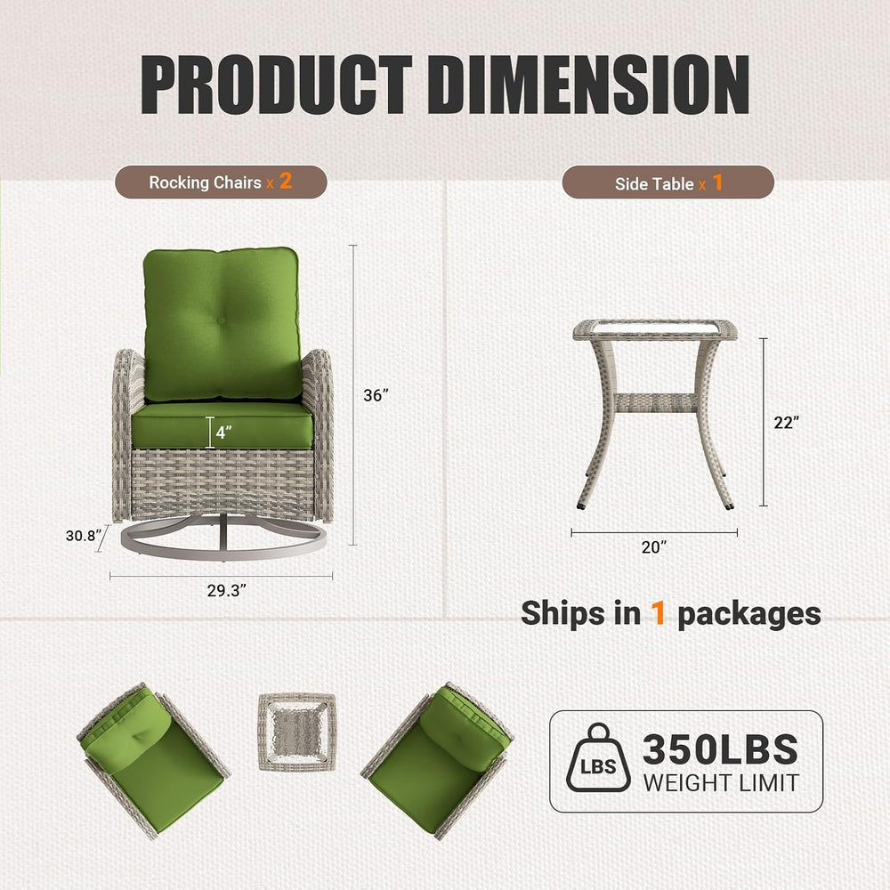 Patio Rocking Swivel Chair Outdoor Wicker Rattan Bistro Set with Tempered Gla...