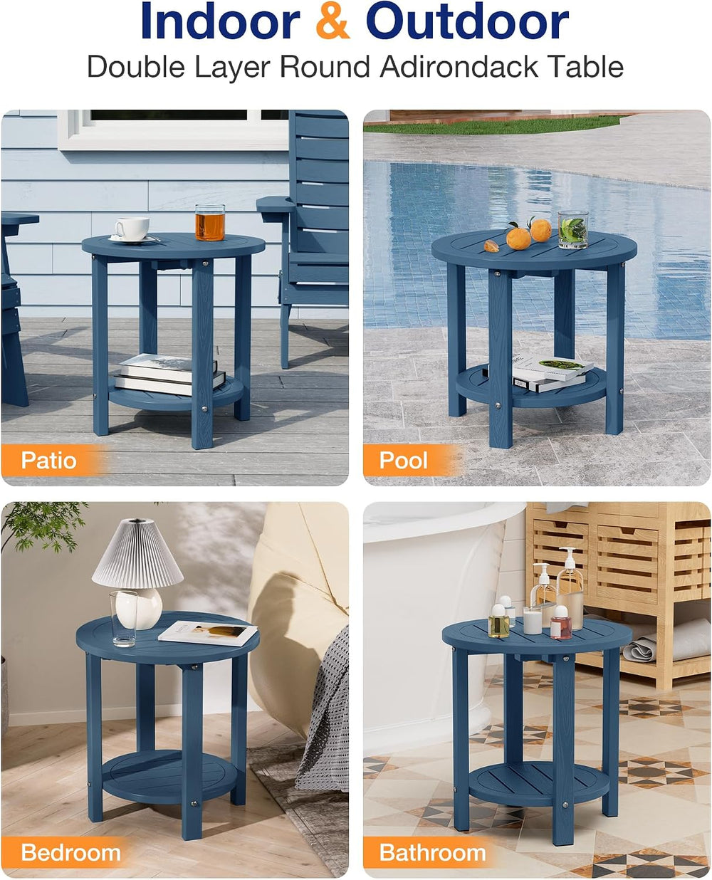 YEFU Adirondack Side Table, 16in Round, 2-Tier Storage End Table, Navy