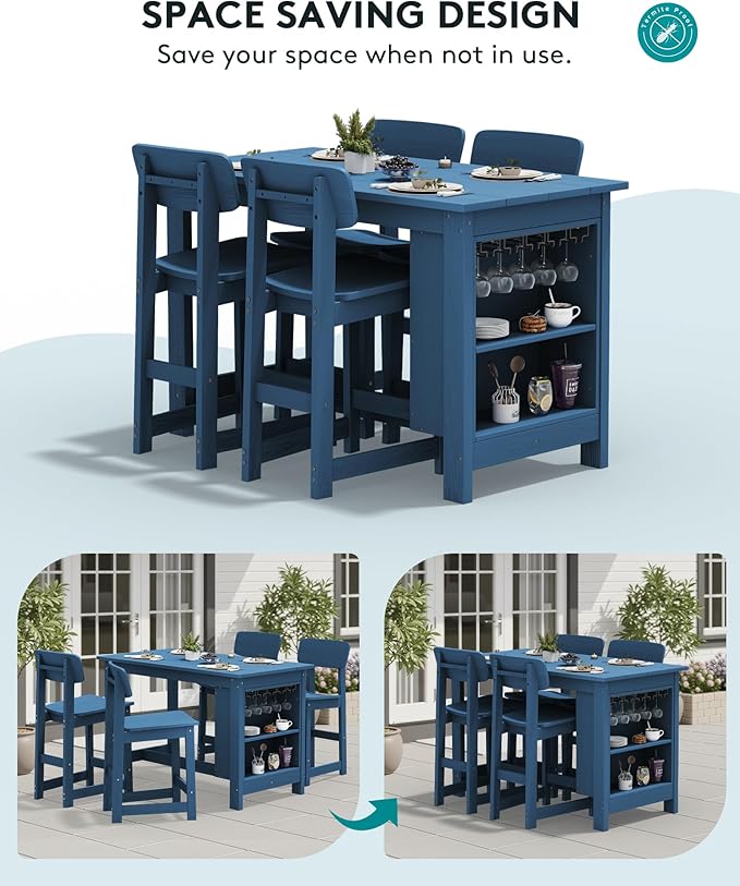 SERWALL 3-Piece Outdoor Counter Height Bar Set, HDPE Patio Bar Table with Win...