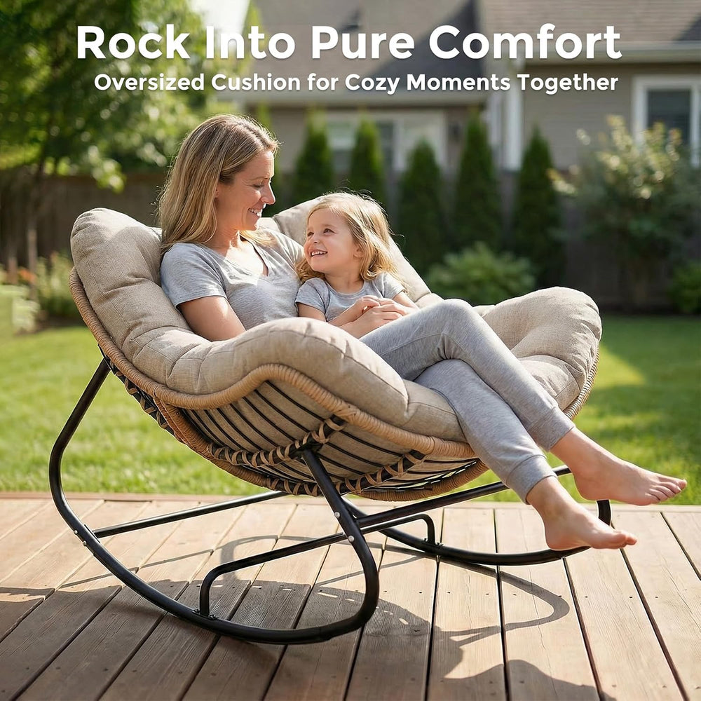 Papasan Outdoor Rocking Chair with Thick Cushion, Beige