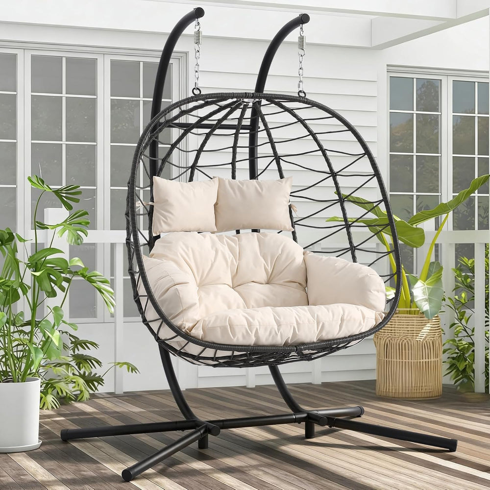 Double Egg Chair with Stand, 650 LBS Capacity, Beige